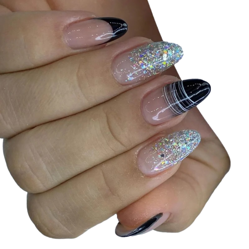 Tipsy ALMOND French czarny z brokatem - 24 szt. Deni Carte