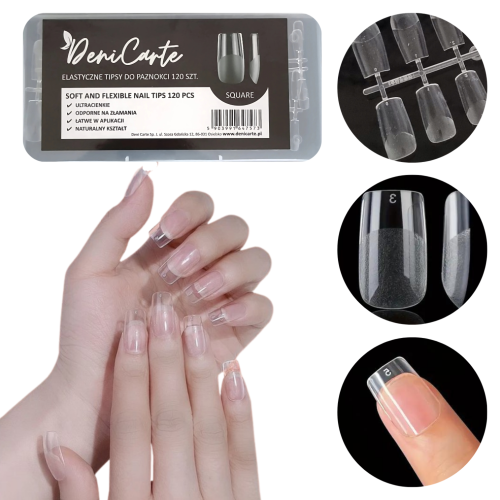 Tipsy Flexible SQUARE proste - bezbarwne, 120 szt. Deni Carte