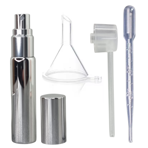 Atomizer do perfum 10 ml z lejkiem, pipetą i pompką - srebrny