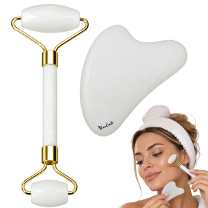MASAŻER ROLLER JADEITOWY BIAŁY + GUA SHA PŁYTKA