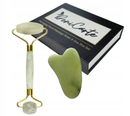 Roller jadeitowy i Gua Sha w pudełku - zestaw do twarzy, zielony Deni Carte